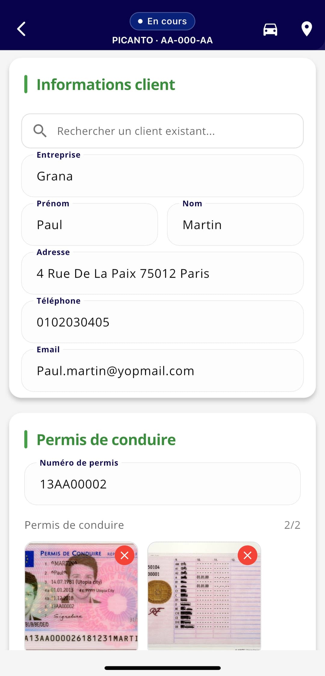 Prise de photo du permis de conduire pour identifier le conducteur